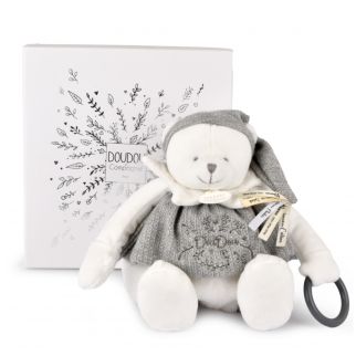 DOUDOU 25 år - Bjørn sølv, aktivitetsbamse 30 cm