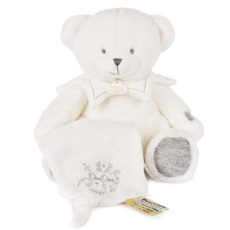 DOUDOU 25 år - Bjørn sølv, bamse m/lille klud 30 cm