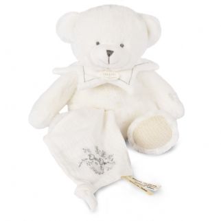 DOUDOU 25 år - Bjørn hvid, bamse m/lille klud 30 cm